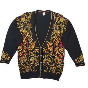 Norton McNaughton Vintage Oversized Cardigan Sweater Sz M Black Gold Chain Print